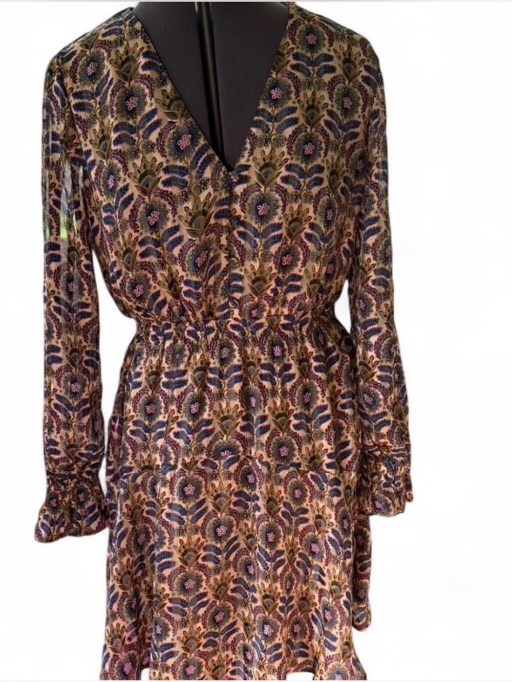 Scotch & Soda Floral V-Neck Long Sleeve Dress in Tan, Navy & Pink